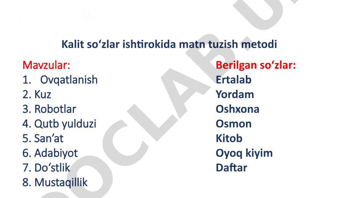 Tinglab tushunish va o'qish savodxonligini rivojlantiruvchi metodlar