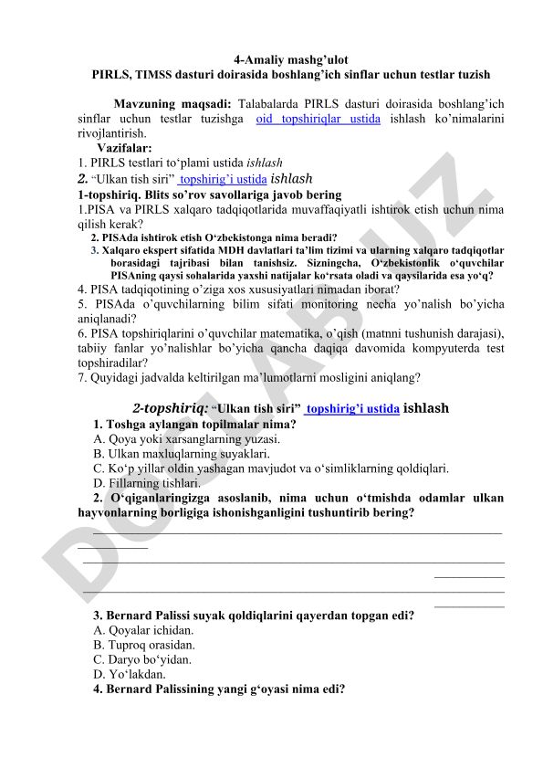 PIRLS dasturi doirasida boshlang'ich sinflar uchun testlar tuzish