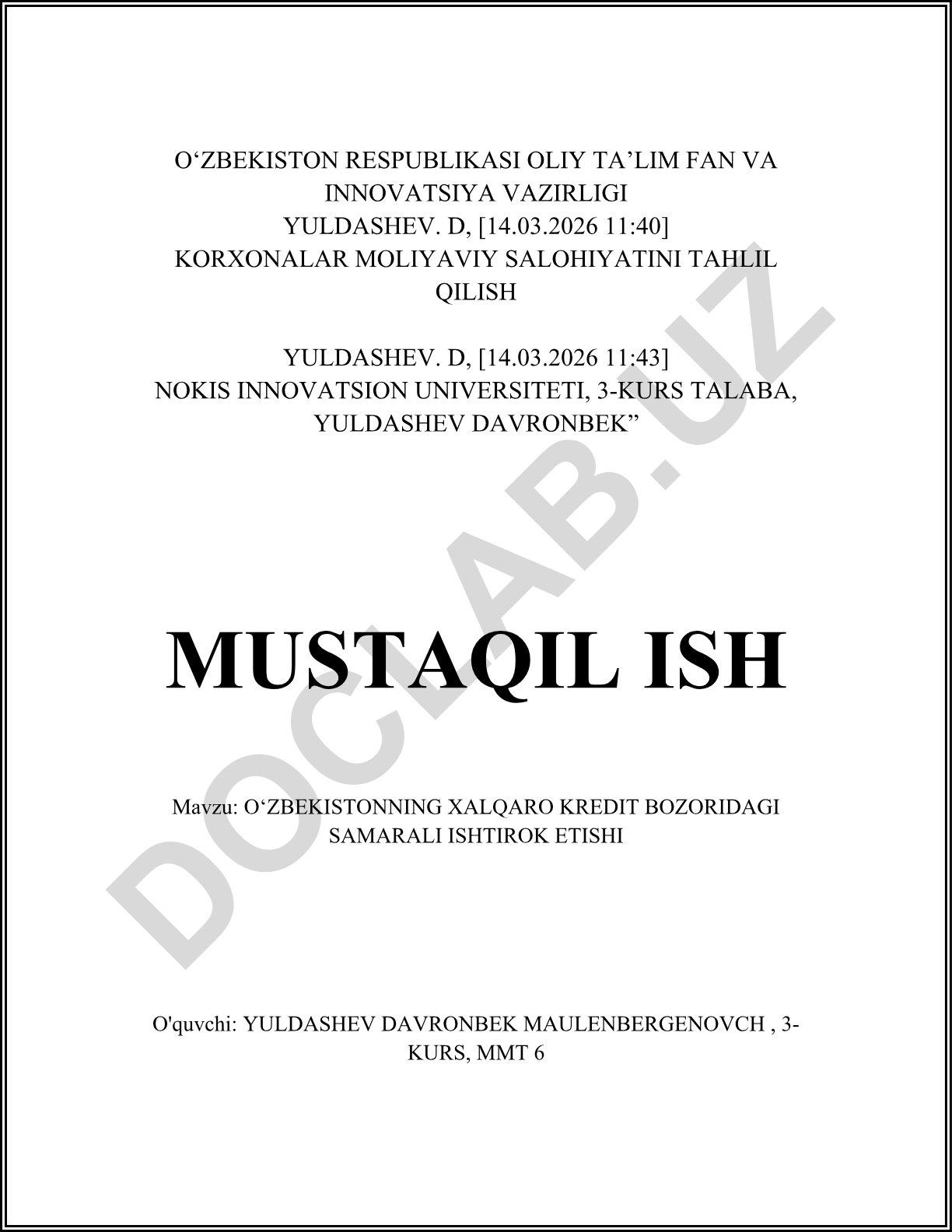 O‘zbekistonning xalqaro kredit bozoridagi samarali ishtirok etishi