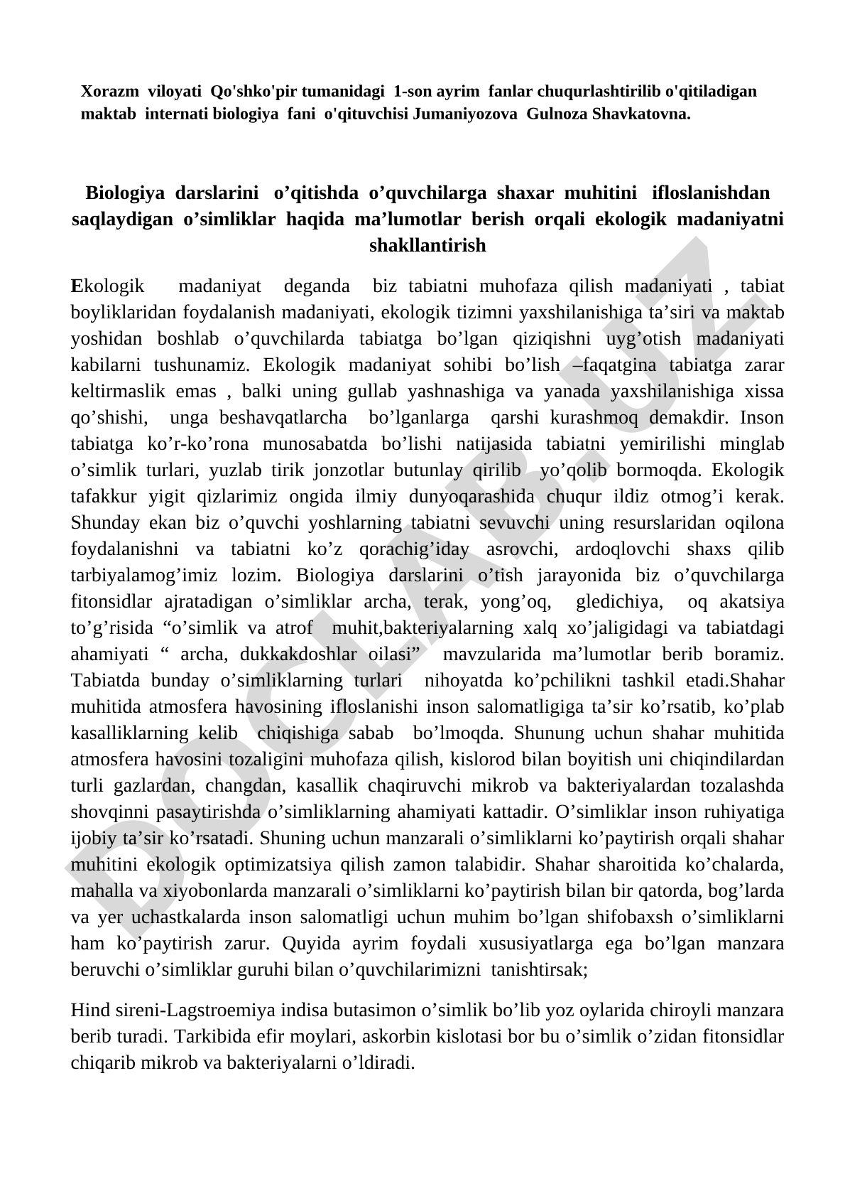 Shahar muhitini ifloslanishdan saqlaydigan o'simliklar orqali ekologik madaniyatni shakllantirish