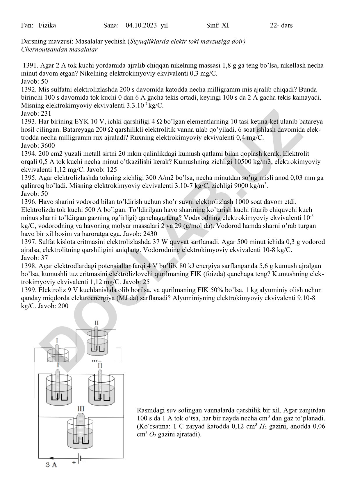 Suyuqliklarda elektr toki mavzusiga doir masalalar yechish