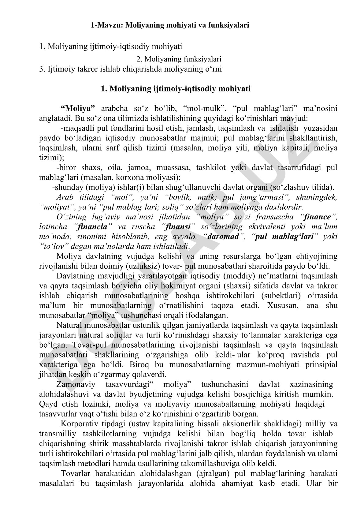 Moliyaning mohiyati va funksiyalari