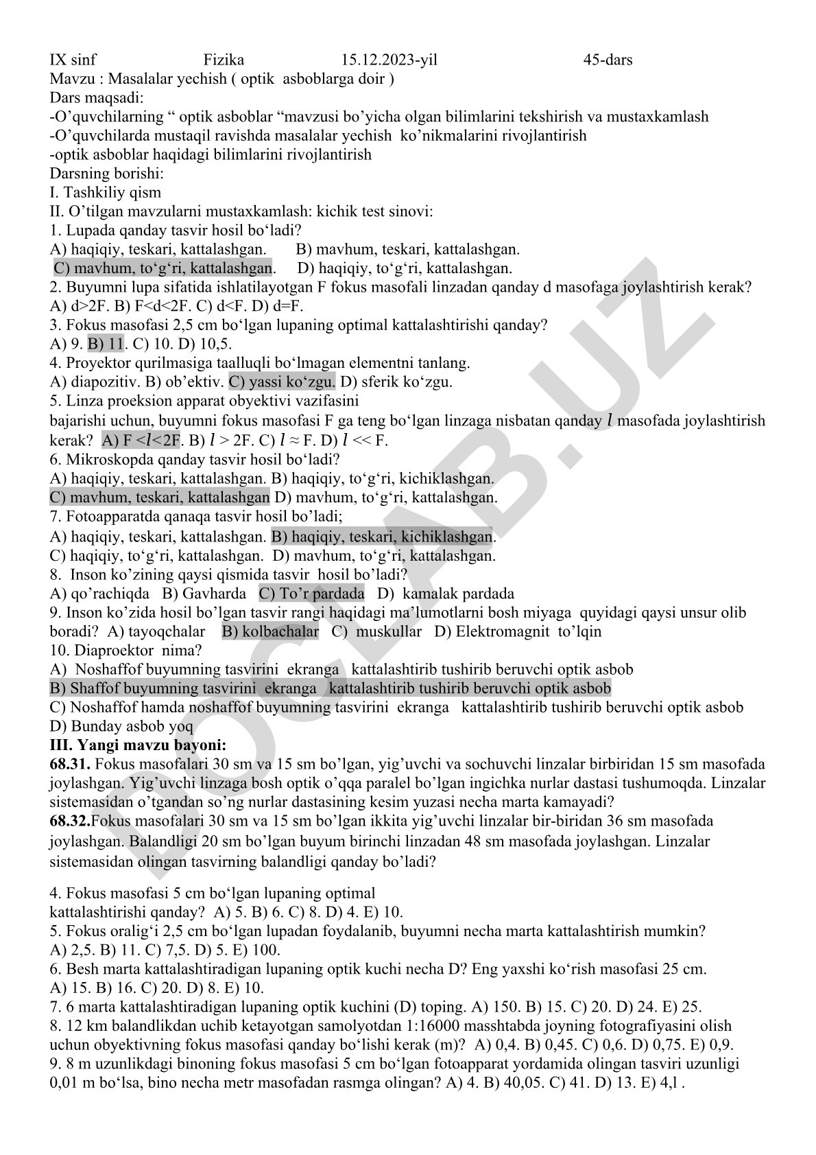 Masalalar yechish (optik asboblarga doir)