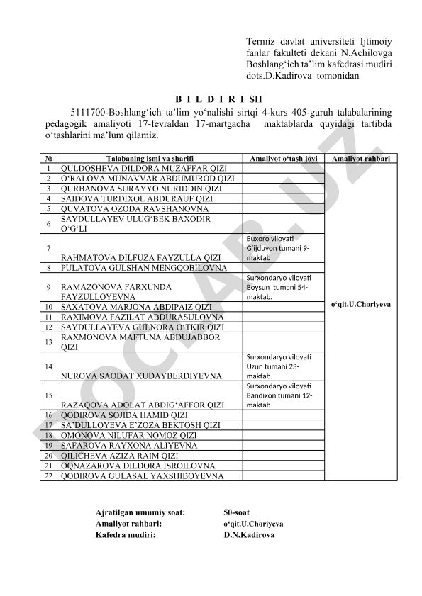 Boshlang'ich ta'lim yo'nalishi talabalarining pedagogik amaliyoti tartibi