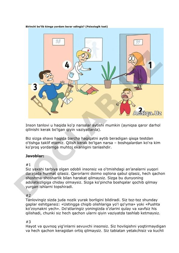 Birinchi bo'lib kimga yordam berar edingiz? (Psixologik test)
