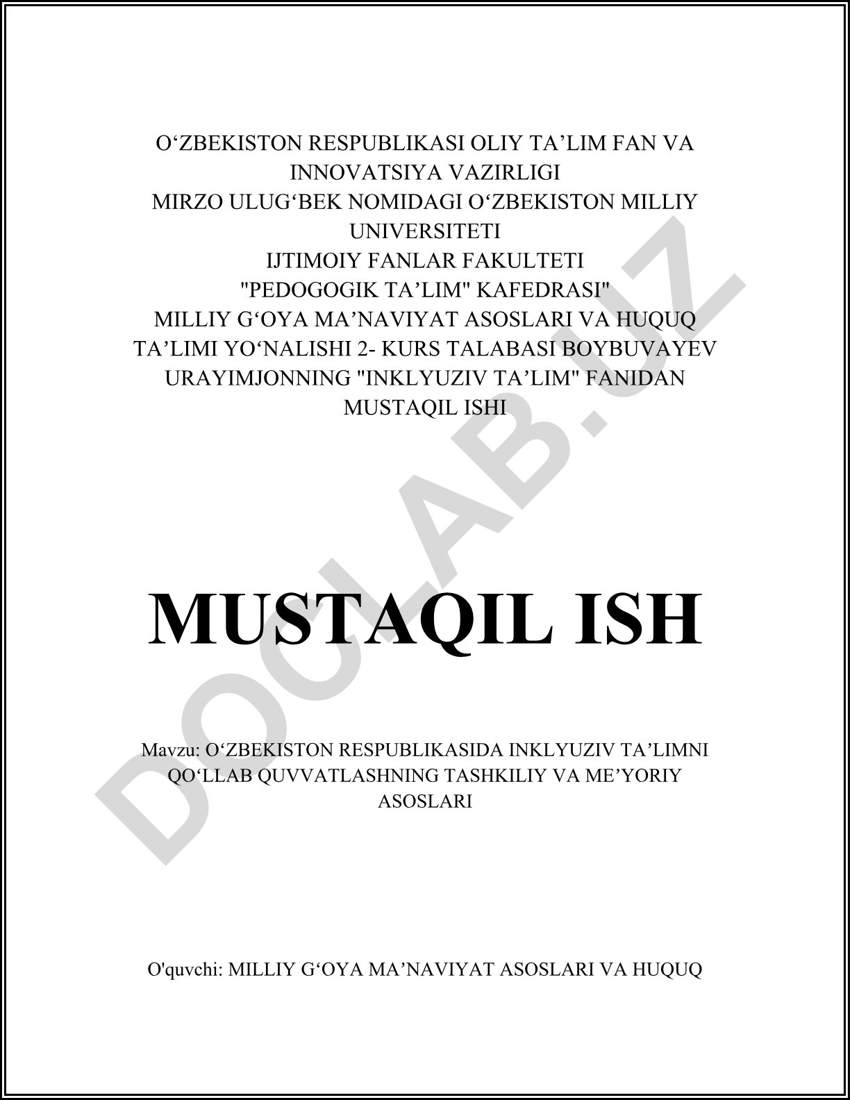 Oʻzbekiston Respublikasida inklyuziv taʼlimni qoʻllab quvvatlashning tashkiliy va meʼyoriy asoslari