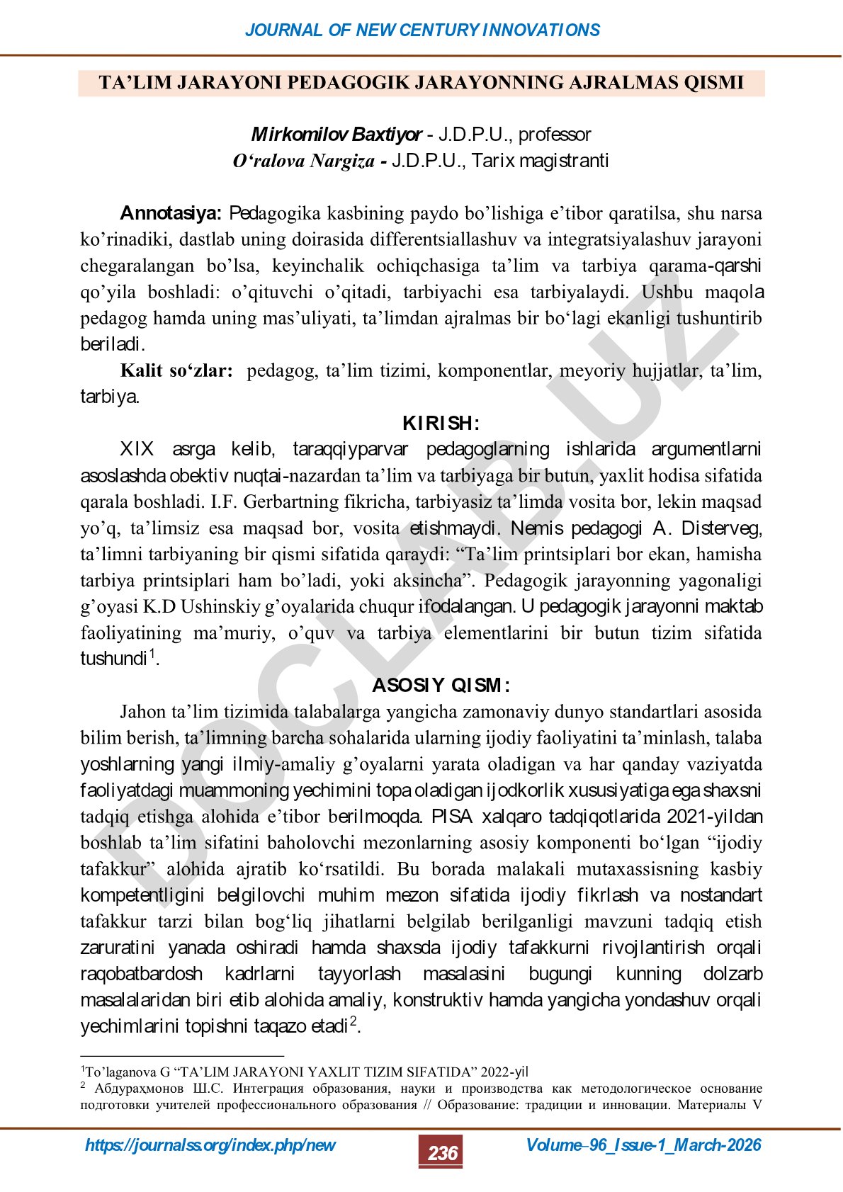 Ta'lim jarayoni pedagogik jarayonning ajralmas qismi