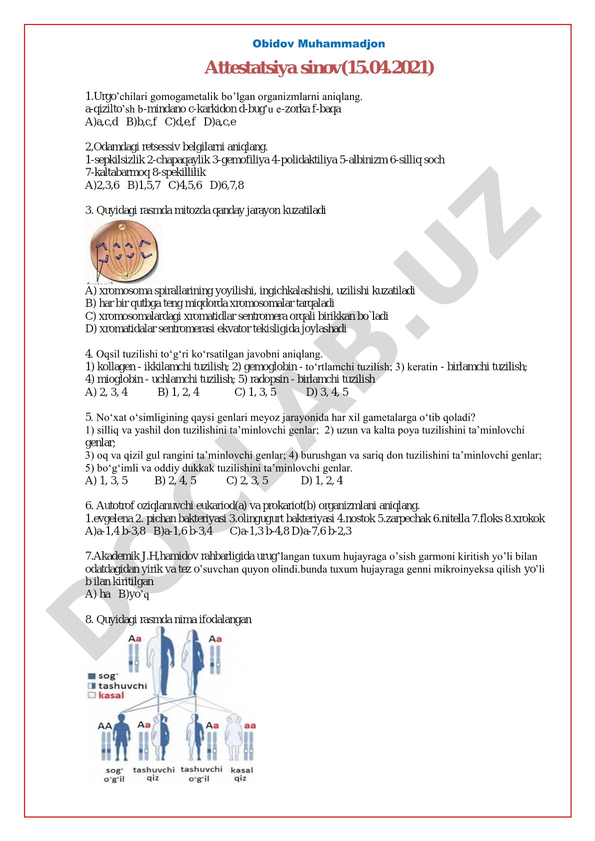 Biologiyadan attestatsiya test savollari