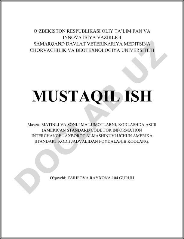Matinli va sonli ma'lumotlarni ASCII jadvalidan foydalanib kodlash