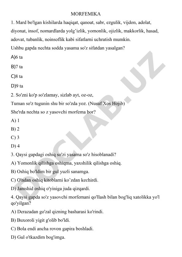 Morfemika bo'yicha test savollari