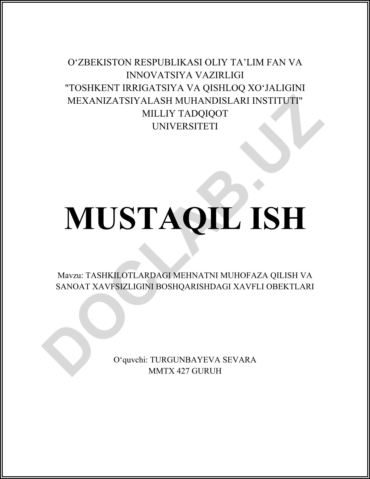 Tashkilotlardagi mehnatni muhofaza qilish va sanoat xavfsizligini boshqarishdagi xavfli obyektlari