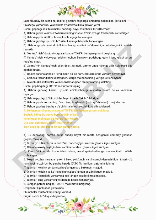 O'zbek tili va adabiyotidan test savollari