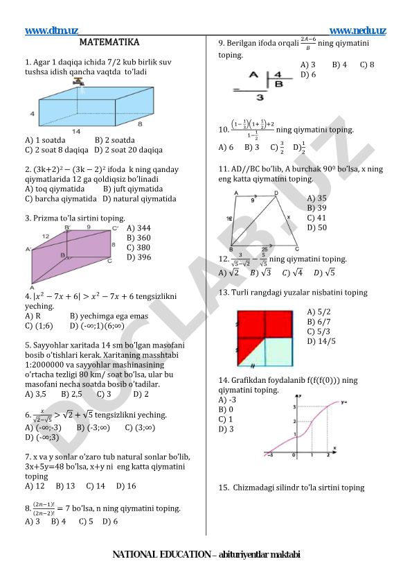 Matematika test savollari va masalalari