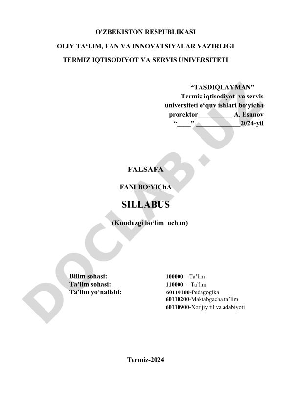 Falsafa fani bo'yicha sillabus (Kunduzgi bo'lim)