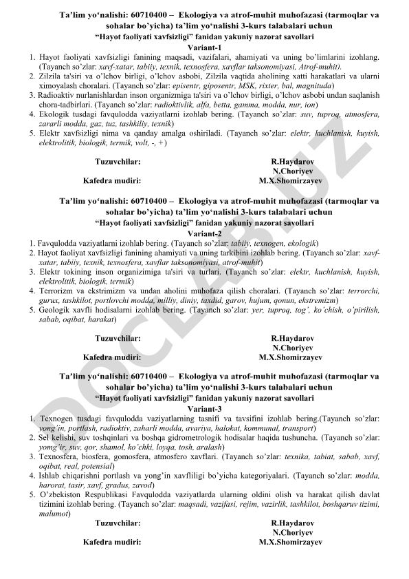 Hayot faoliyati xavfsizligi fanidan yakuniy nazorat savollari