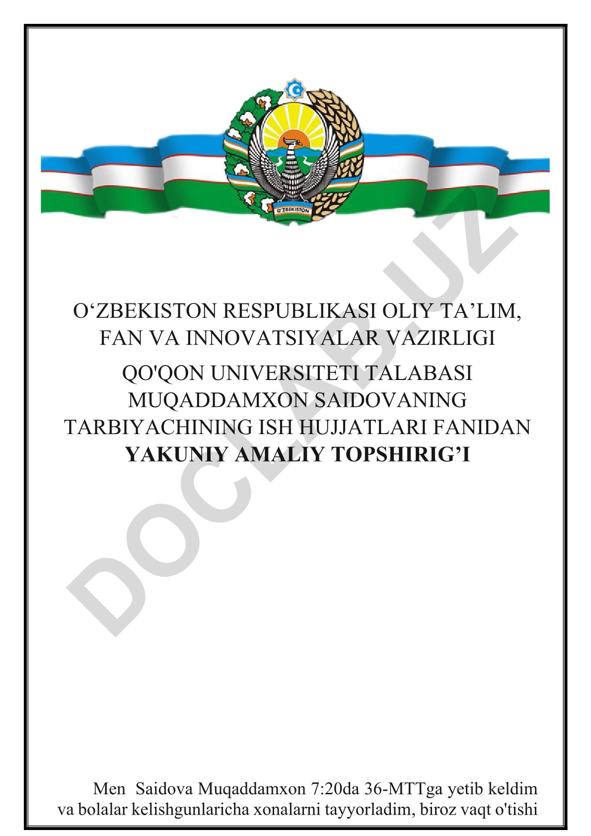 Bog'cha tarbiyachisining amaliy topshirig'i