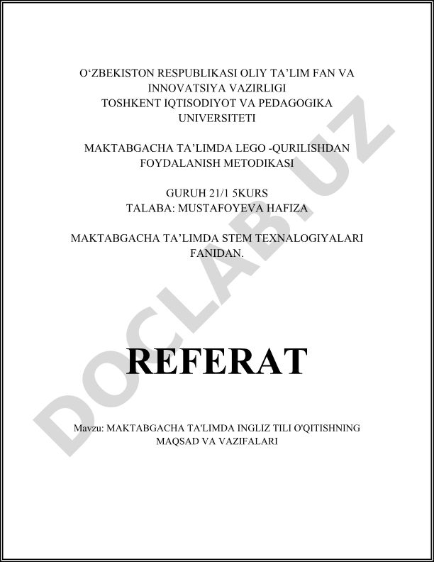 Maktabgacha ta'limda ingliz tili o'qitishning maqsad va vazifalari