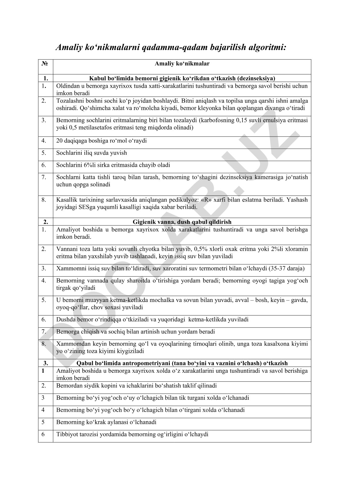Pedikulyoz kasalligini aniqlash va davolash bo'yicha amaliy ko'nikmalar