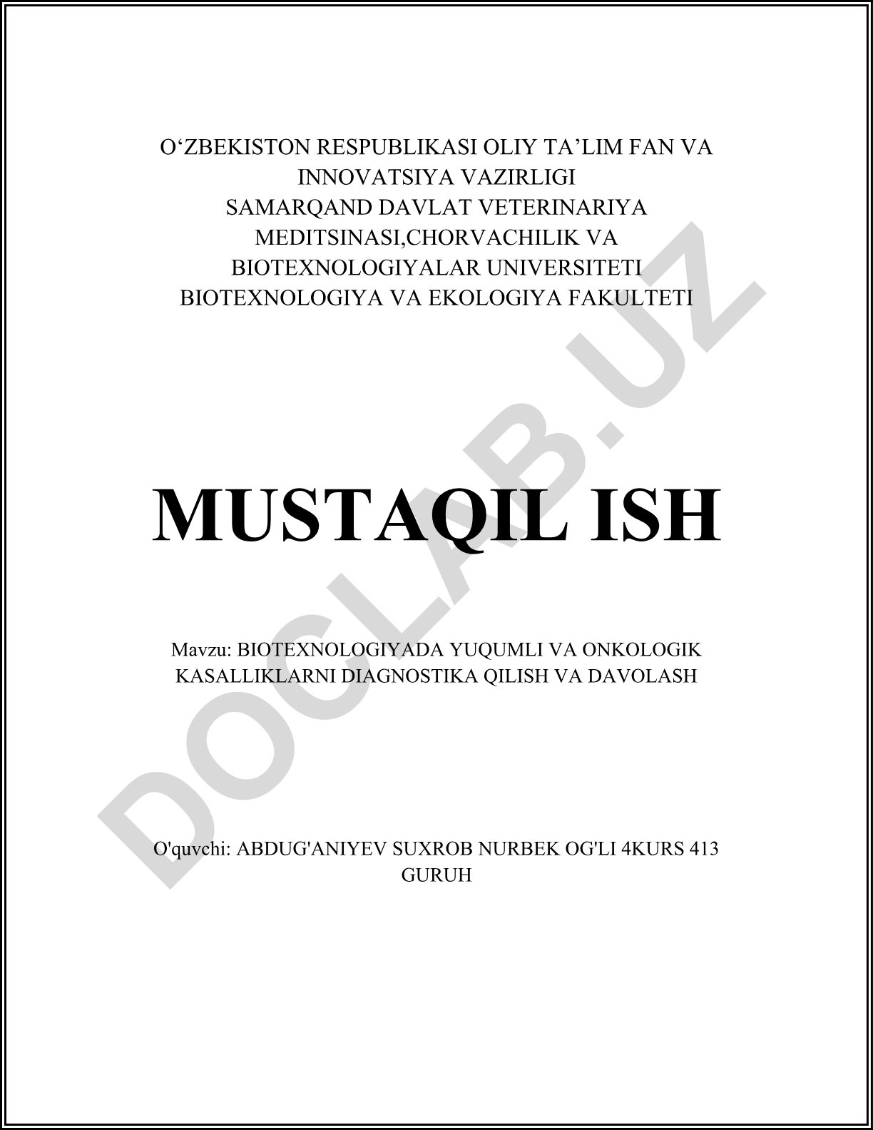 Biotexnologiyada yuqumli va onkologik kasalliklarni diagnostika qilish va davolash