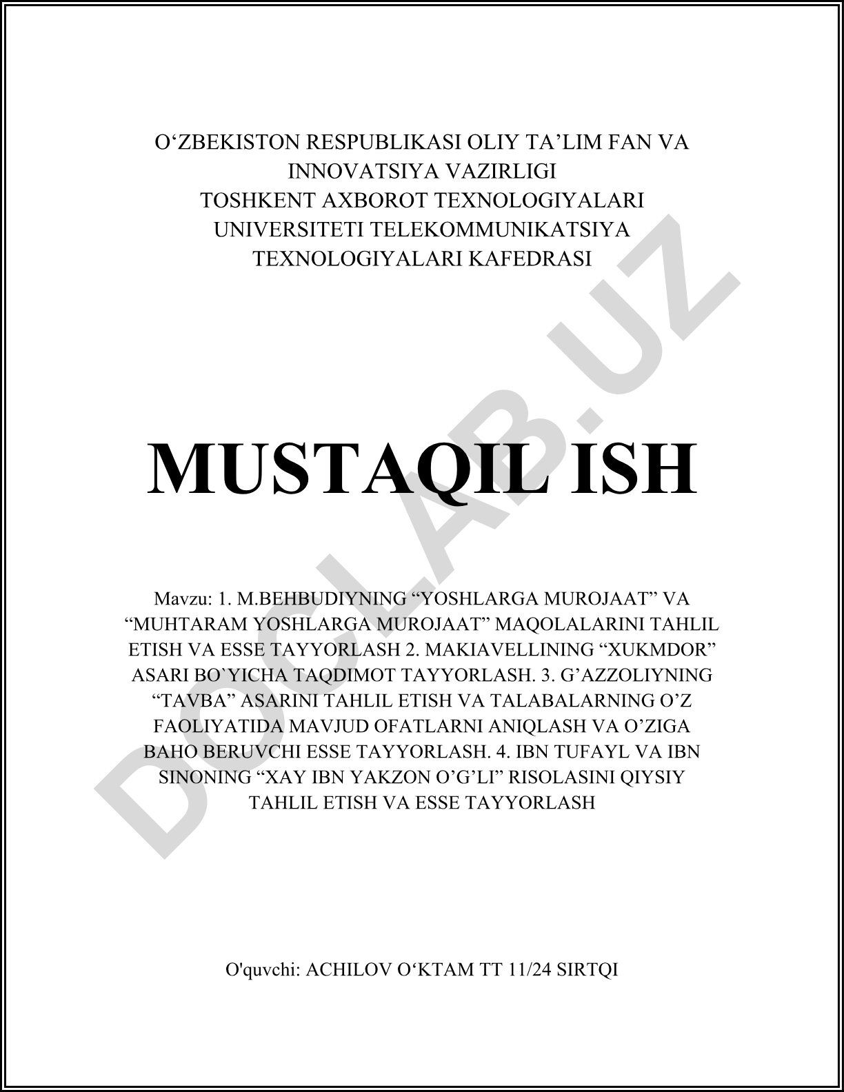 M.Behbudiyning maqolalari va Makiavelli, G'azzoliy, Ibn Tufayl, Ibn Sino asarlari bo'yicha tahlil va taqdimotlar