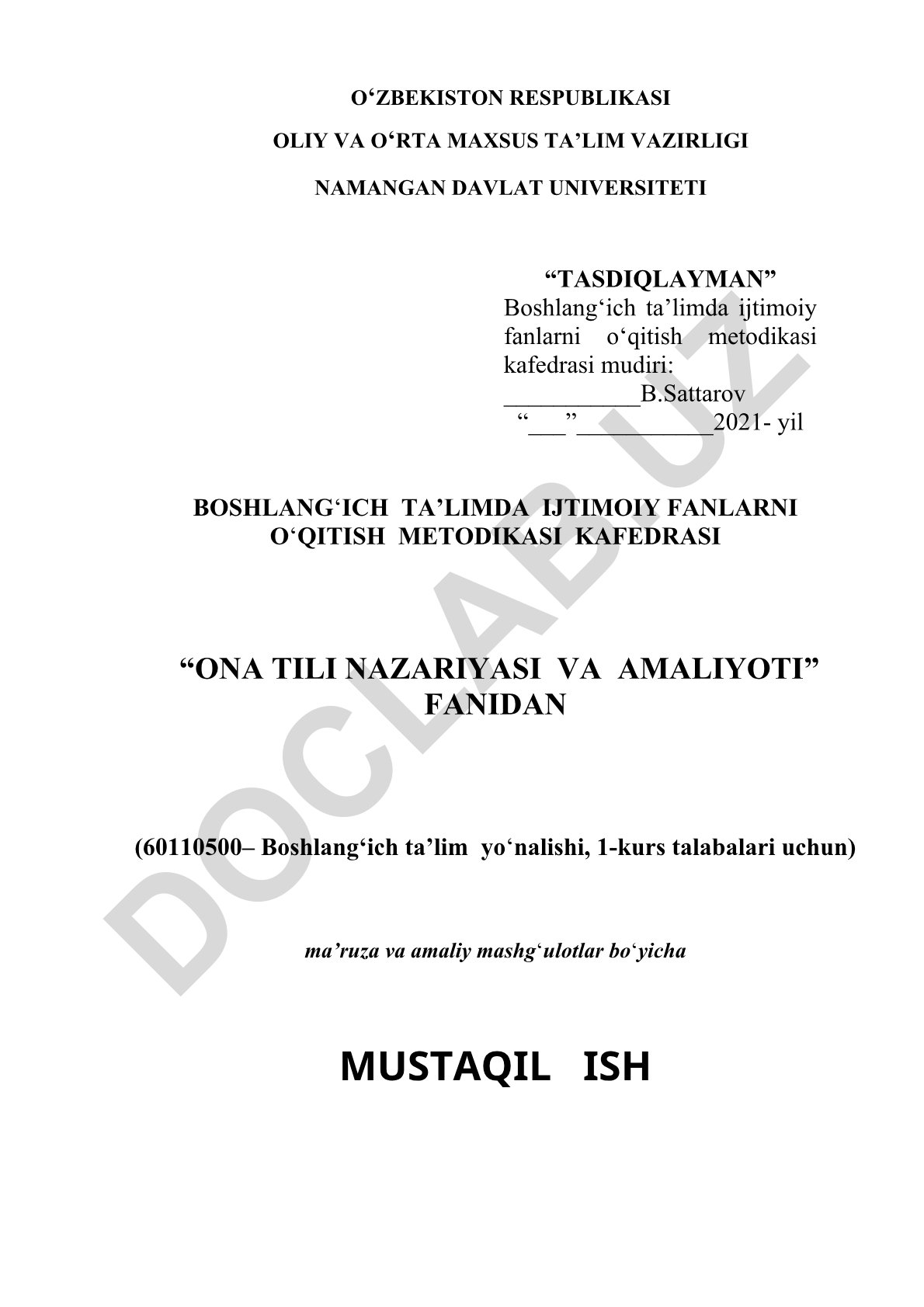 Ona tili nazariyasi va amaliyoti fanidan mustaqil ish
