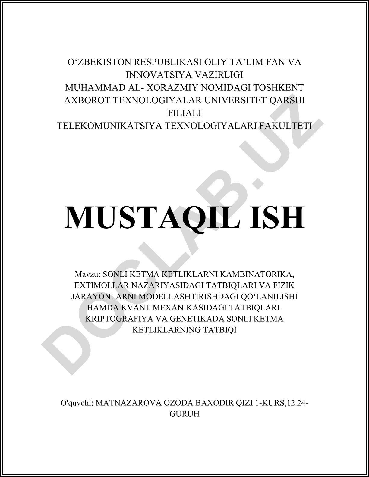 Sonli ketma-ketliklarning kombinatorika, extimollar nazariyasidagi tatbiqlari va fizik jarayonlarni modellashtirishdagi qoʻllanilishi