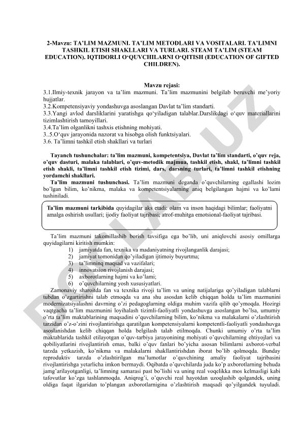 Ta’lim mazmuni, metodlari va tashkil etish shakllari