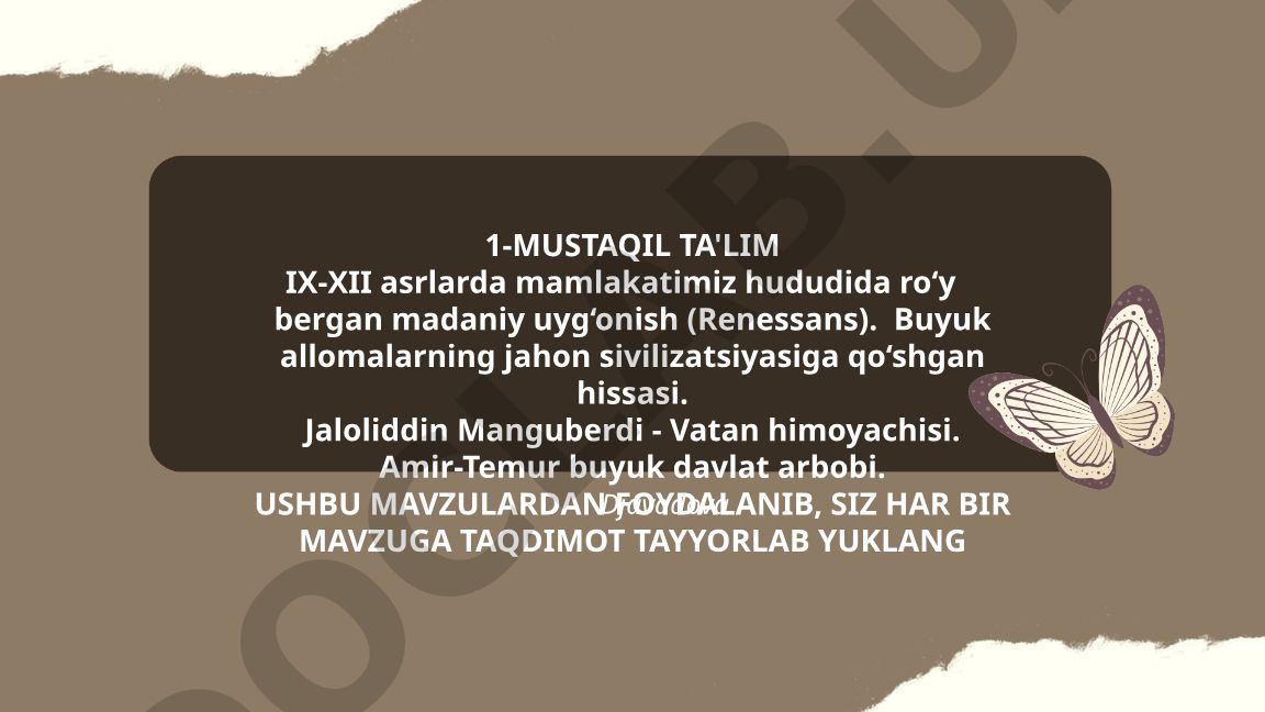 IX-XII asrlarda mamlakatimiz hududida madaniy uyg'onish va buyuk shaxslar