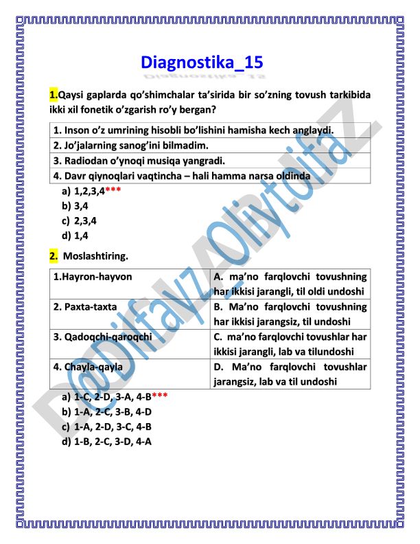 O'zbek tili diagnostik test savollari