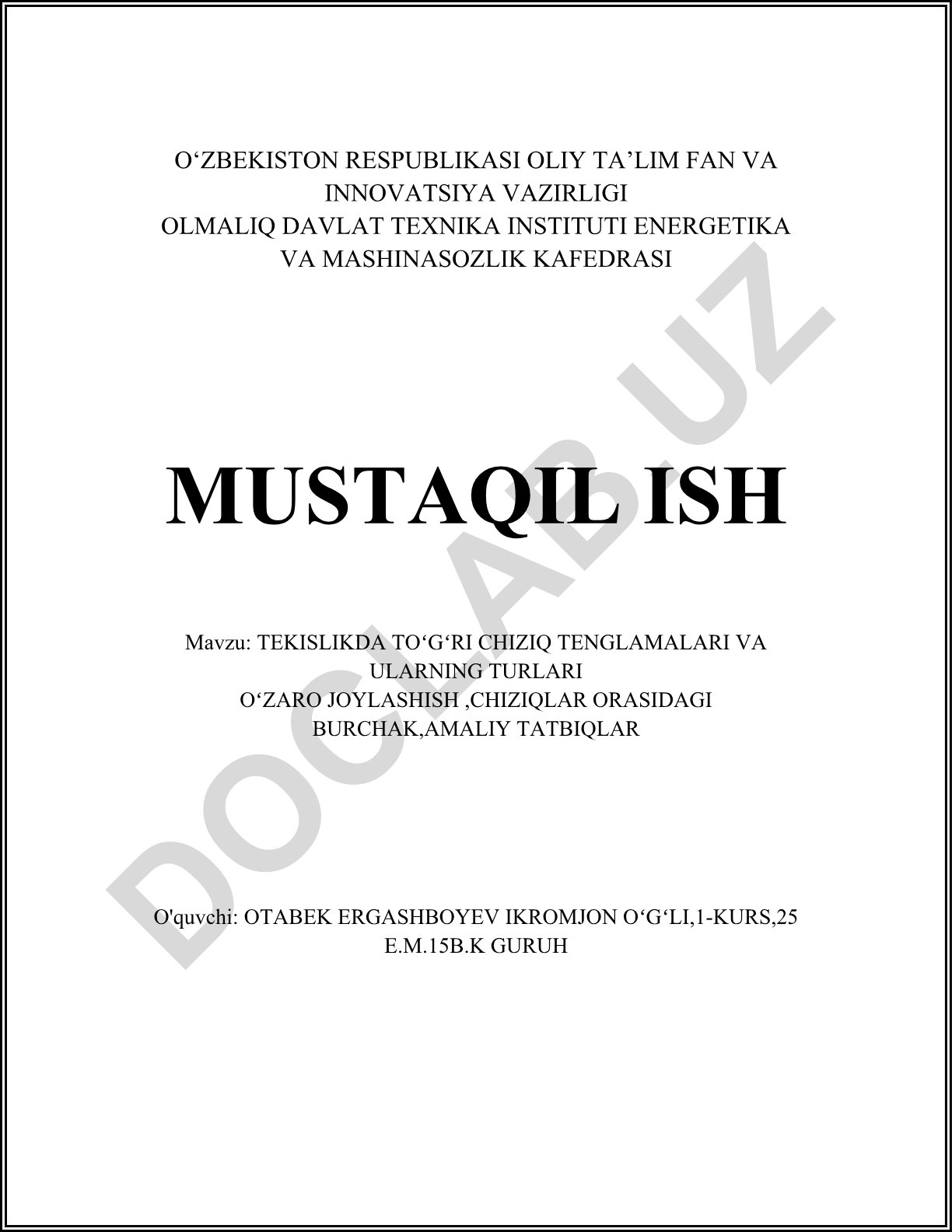 Tekislikda toʻgʻri chiziq tenglamalari va ularning turlari