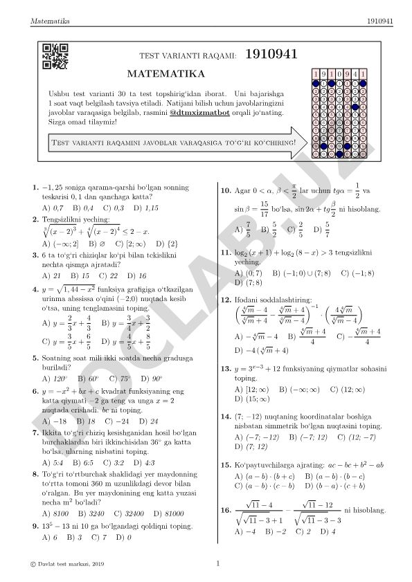 Matematika test variantlari 1910941