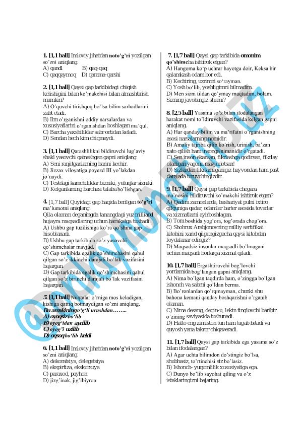 O'zbek tili test savollari va javoblari