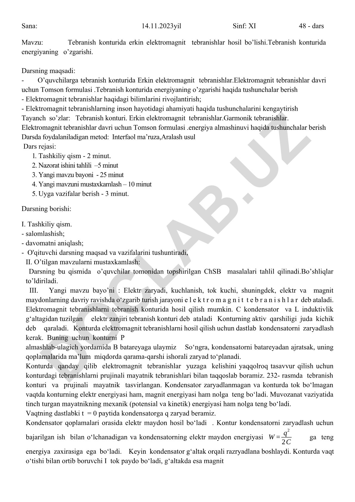 Tebranish konturida erkin elektromagnit tebranishlar hosil bo'lishi va energiyaning o'zgarishi