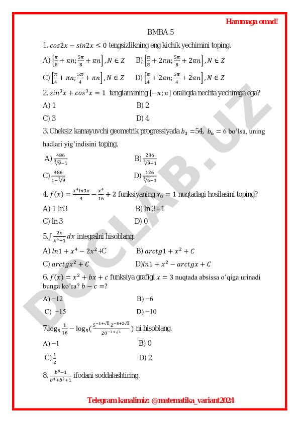 Matematika test variantlari va masalalari