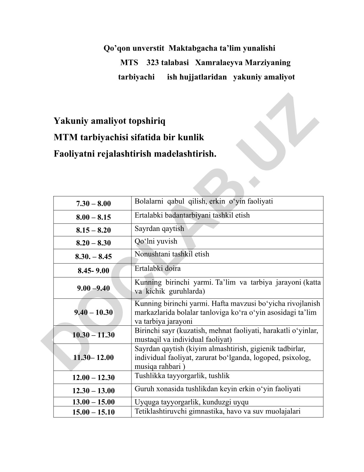 Maktabgacha ta'lim tarbiyachisining bir kunlik faoliyat rejasi