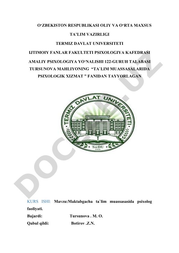 Maktabgacha ta'lim muassasasida psixolog faoliyati