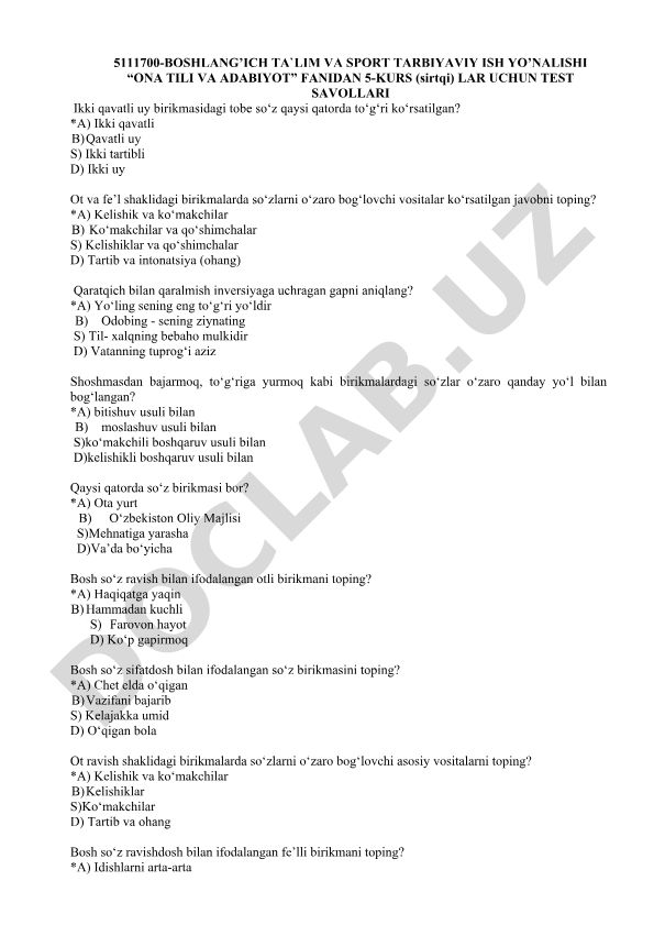 Ona tili va adabiyot fanidan 5-kurs test savollari