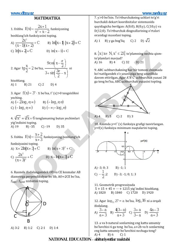 Matematika test savollari va masalalari