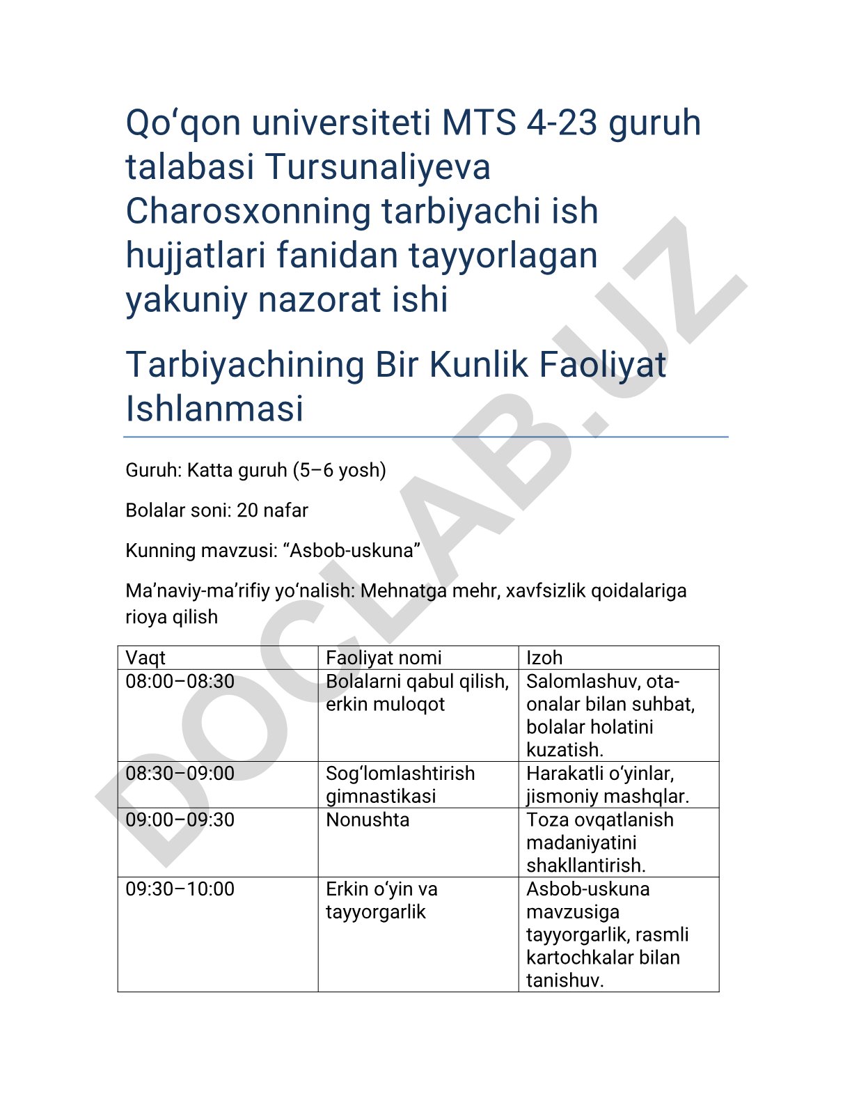 Tarbiyachining bir kunlik faoliyat ishlanmasi - Asbob-uskuna mavzusida
