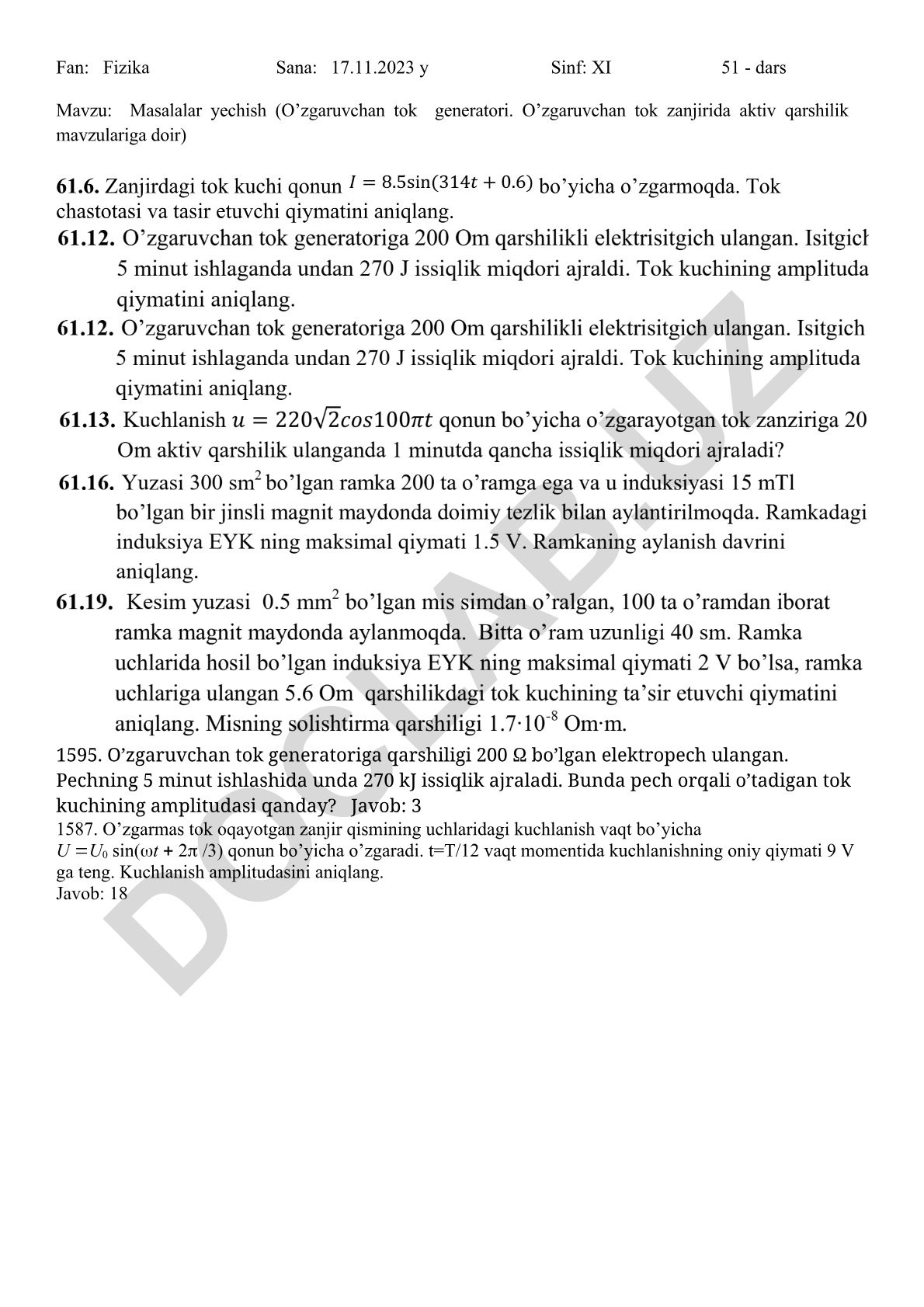 Masalalar yechish (O’zgaruvchan tok generatori. O’zgaruvchan tok zanjirida aktiv qarshilik mavzulariga doir)