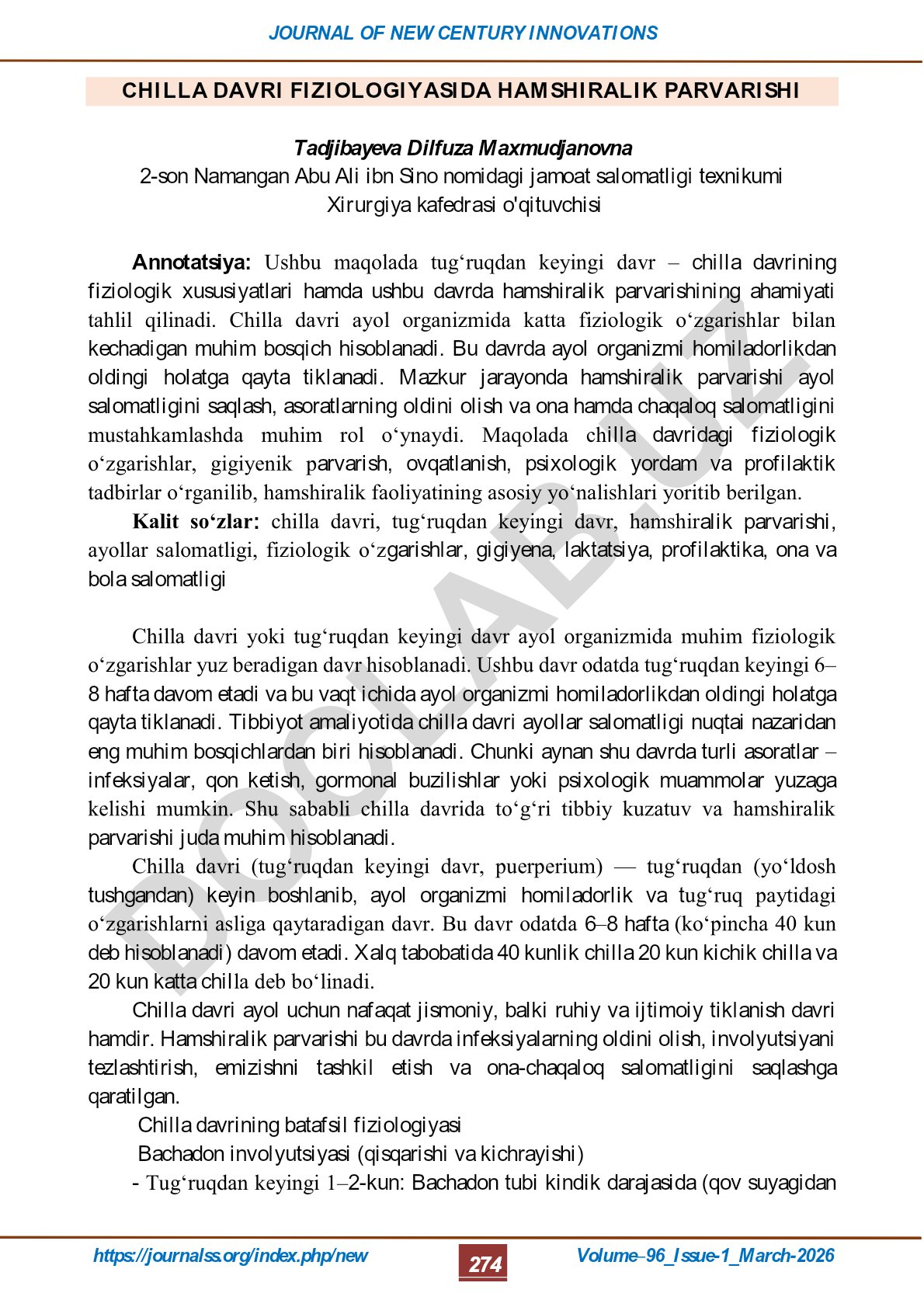 Chilla davri fiziologiyasida hamshiralik parvarishi