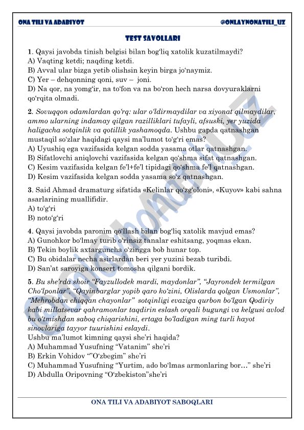 Ona tili va adabiyot fanidan test savollari