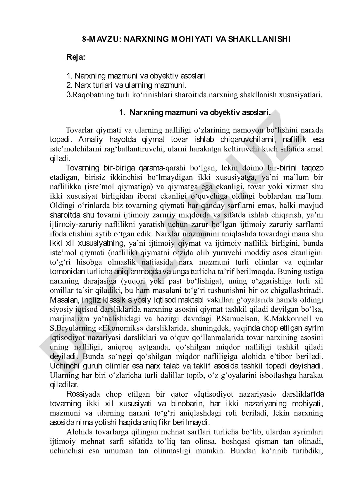 Narxning mohiyati va shakllanishi