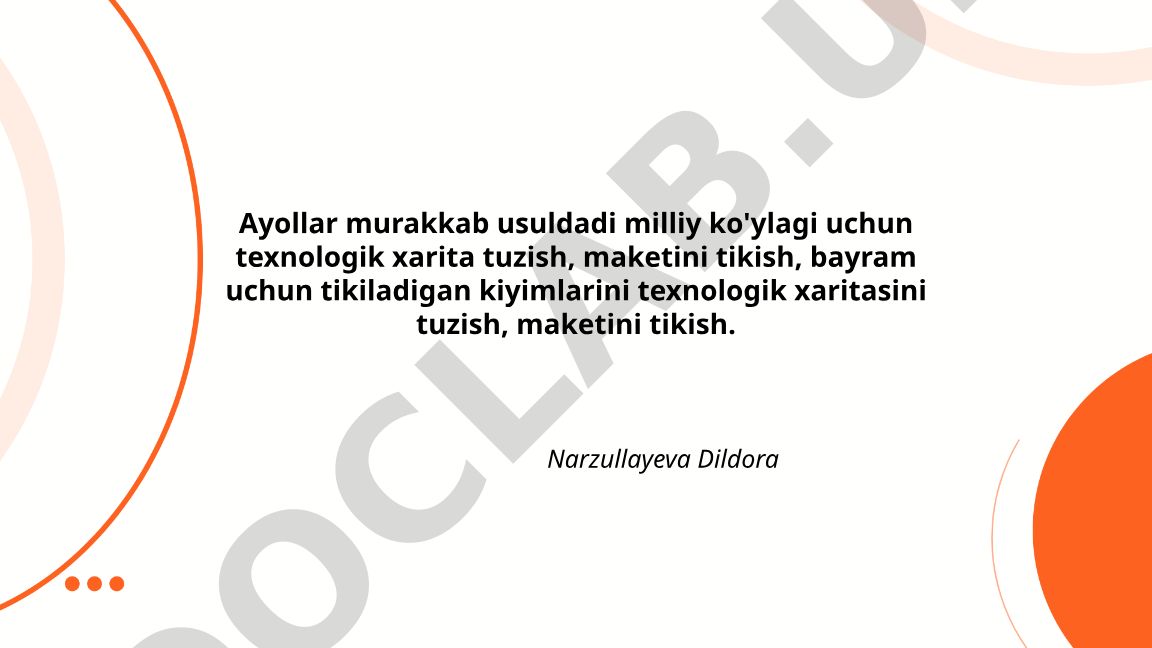 Ayollar murakkab usuldagi milliy ko'ylagi texnologik xaritasi