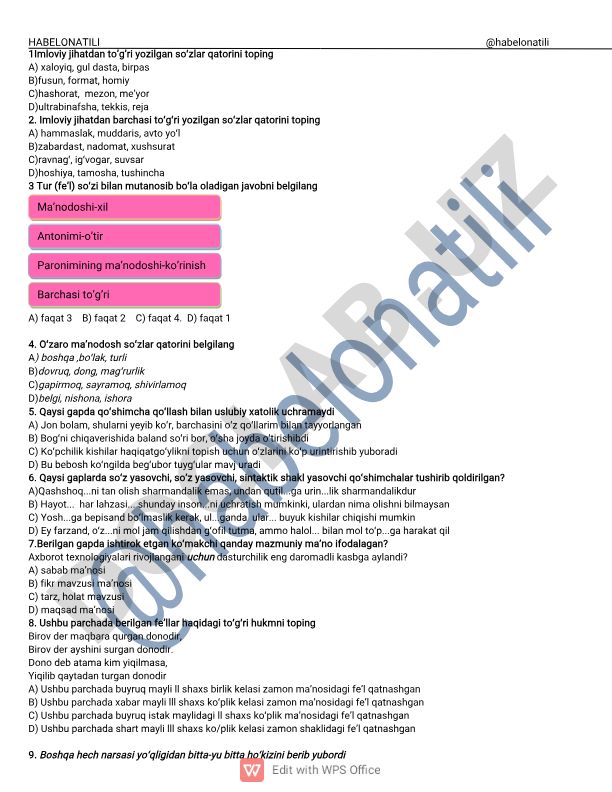 O'zbek tili imlo va grammatika test savollari