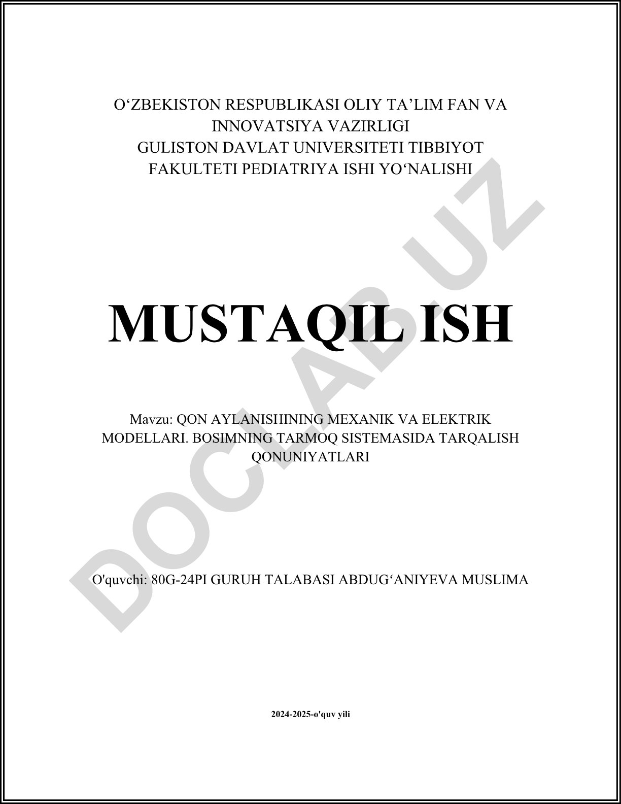Qon aylanishining mexanik va elektrik modellari. Bosimning tarmoq sistemasida tarqalish qonuniyatlari