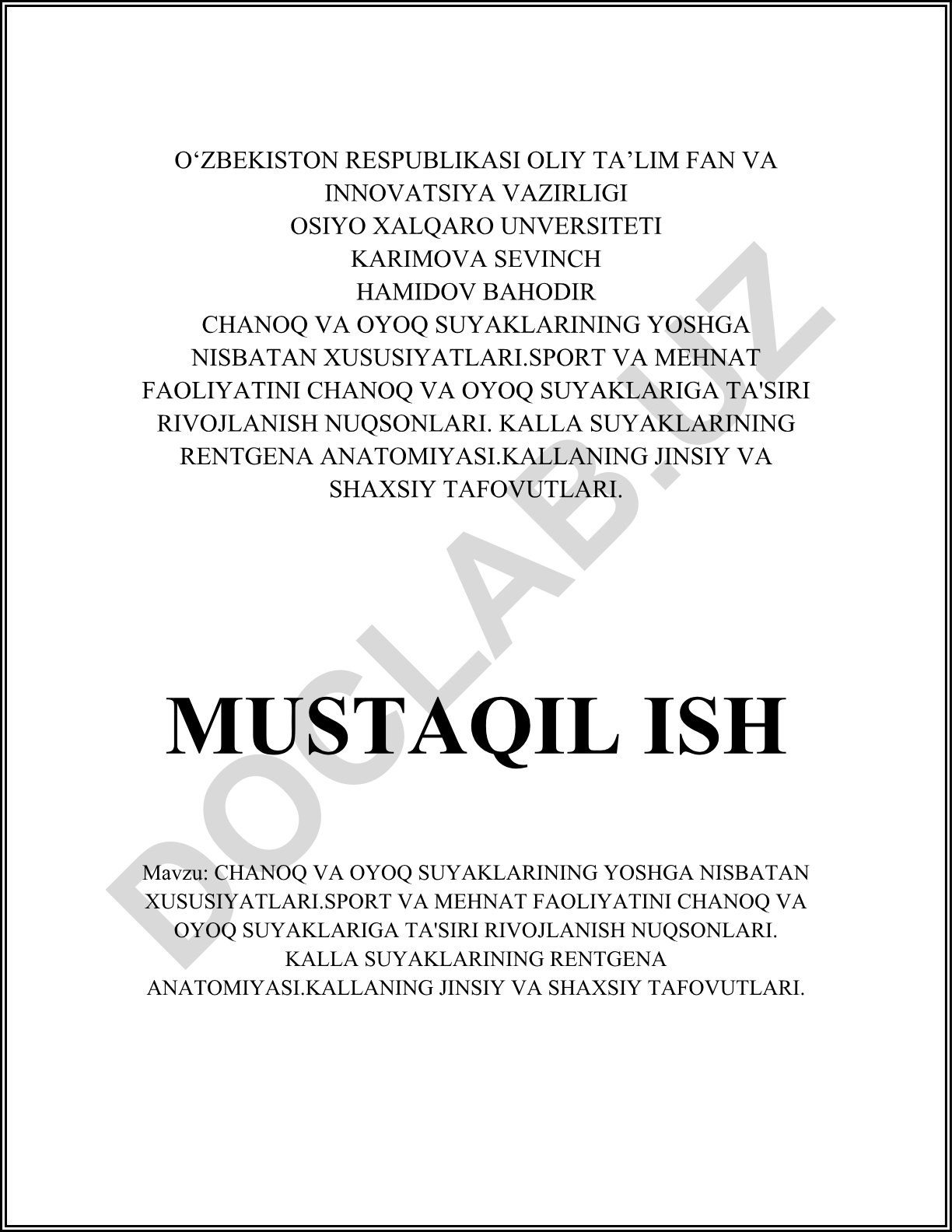Chanoq va oyoq suyaklarining yoshga nisbatan xususiyatlari va sport-mehnat faoliyatining ta'siri