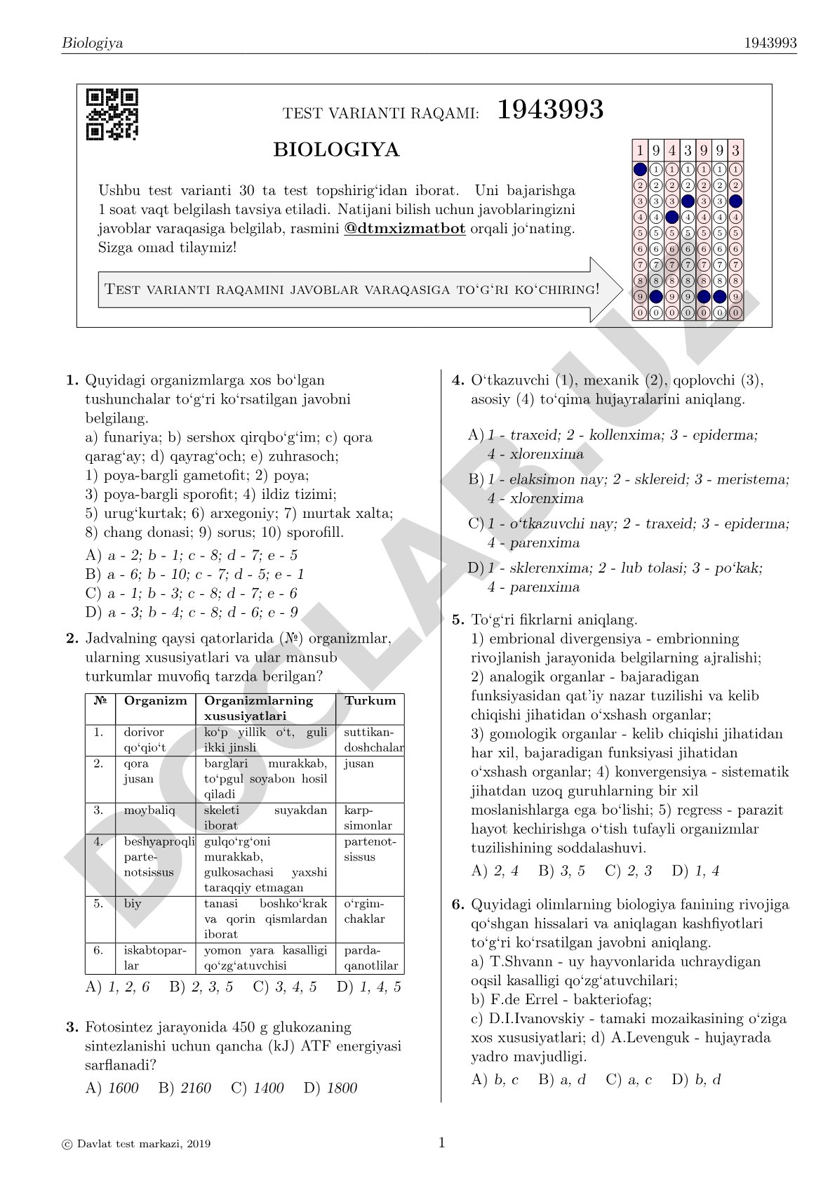 Biologiya fanidan 30 ta test topshirig'i