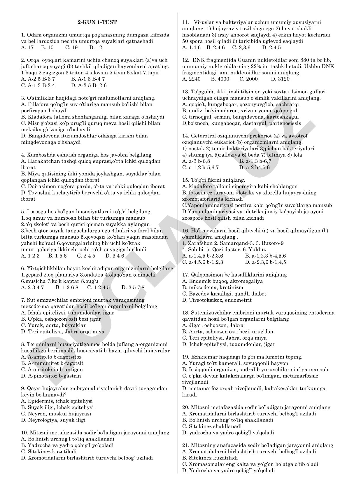 Biologiya fanidan test savollari