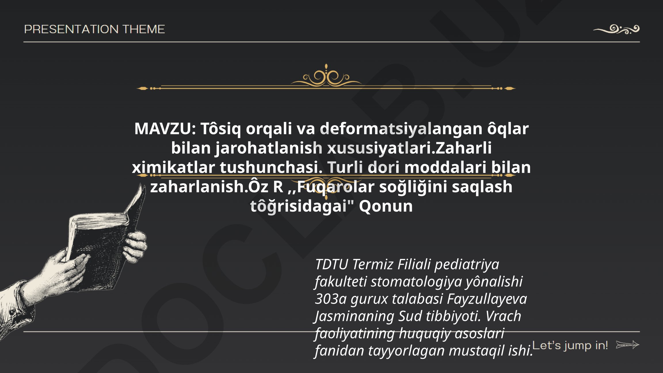 Tôsiq orqali va deformatsiyalangan ôqlar bilan jarohatlanish xususiyatlari. Zaharli ximikatlar tushunchasi. Turli dori moddalari bilan zaharlanish